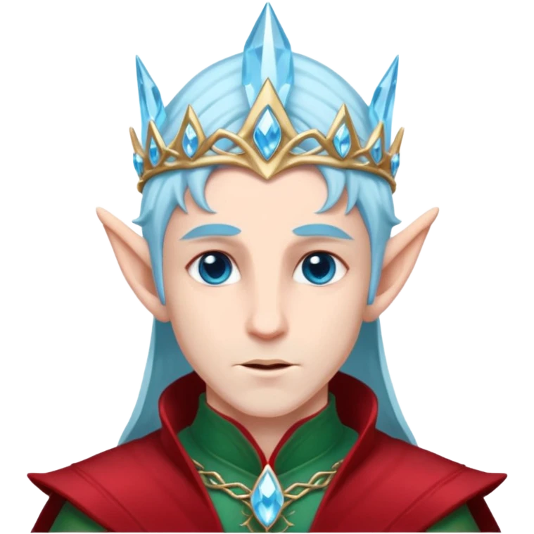 Fantasy elf portrait emoji, icy blue crystal crown with deep red accents, elegant elven features, cold noble winter expression, ice and crimson color palette, minimal clean design, flat readable emoji style, male variant emoji