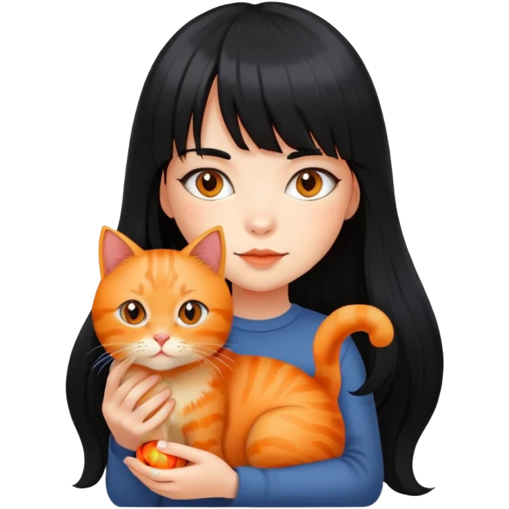 A girl with long black hair and bangs is holding a orange cat emoji