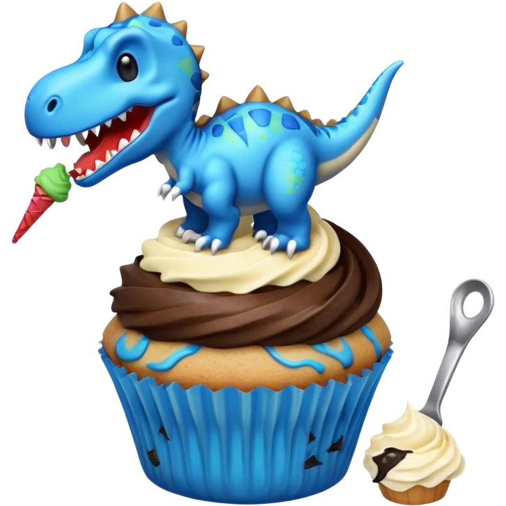 A cupcake having blue and black icing and a dinosaur as a decoration and ice cream next to it emoji