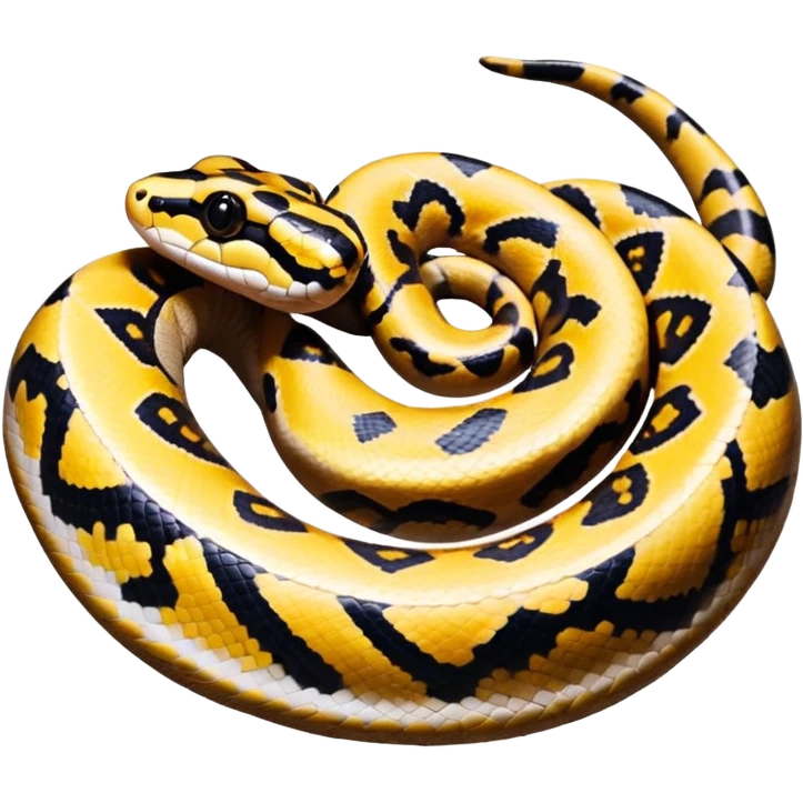 A photo-realistic top-down view of a Ball Python gently coiled into a tight spiral, with its head resting peacefully at the center. Its scales are warm brown with bold, irregular black markings, including the distinctive “alien-head” pattern, flowing smoothly along its body.  emoji