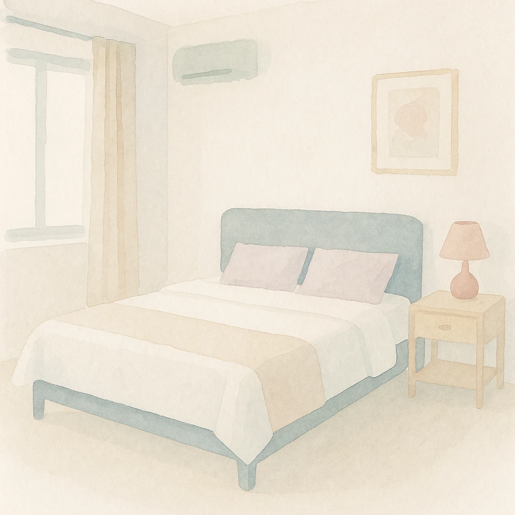 soft watercolor illustration of a double bed hotel room in a minimalist modern style, pastel colors, delicate linework, gentle whimsical mood, minimal soft shading emoji