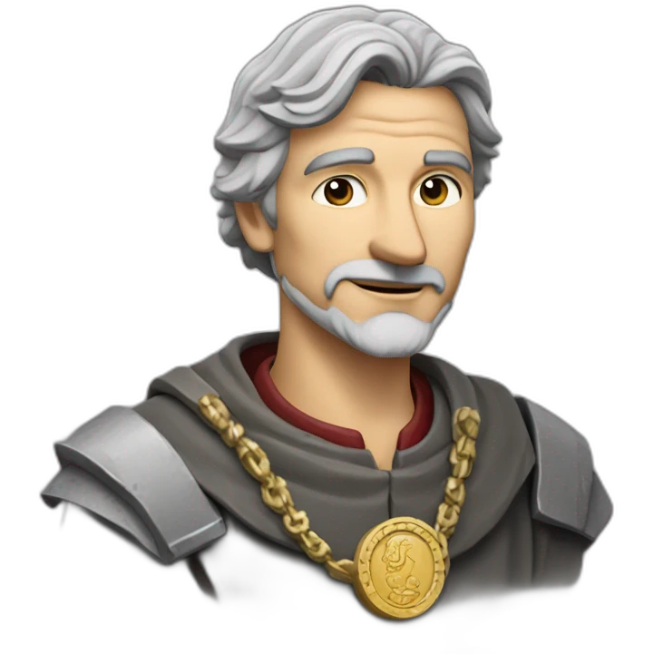 medieval coin engravers guild leader, 50 years old, grey hair, bust, has a necklace with a coin, has a coin in one hand emoji