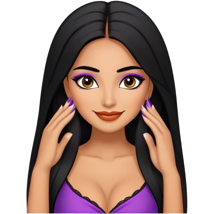 beautiful woman boss, with long straight black hair, with make up, black eye liner, smile, mexican, brown skin, wearing beautiful sexy outfit, she’s posing her head in her hands emoji