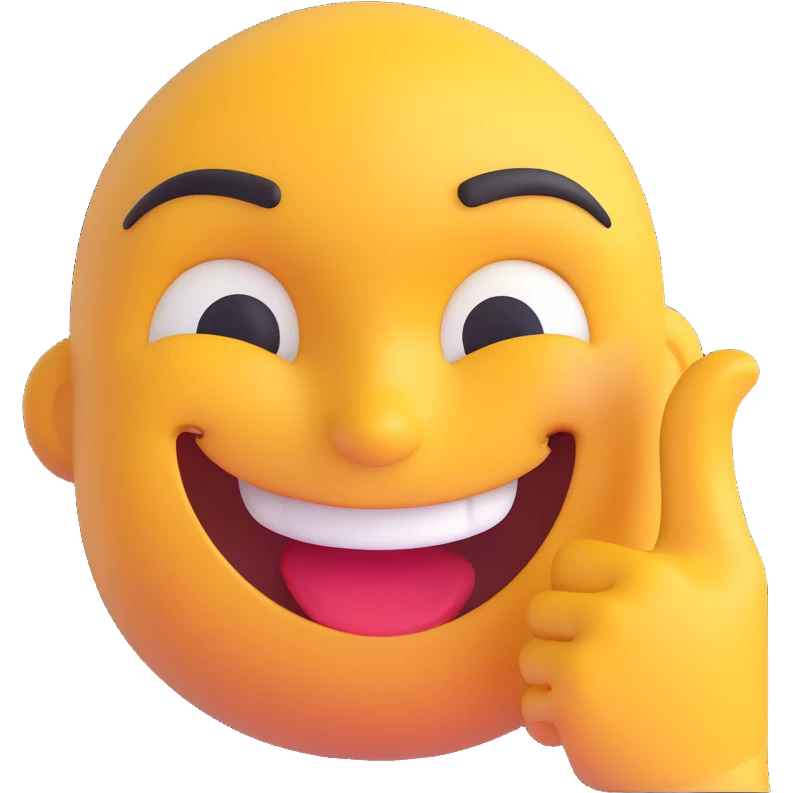 A smug-looking emoji with a wide, crooked grin and half-closed eyes, giving a cocky vibe, whilst mewing with his white hand pointing at his sharp jawline, showcasing a "sigma" look. emoji
