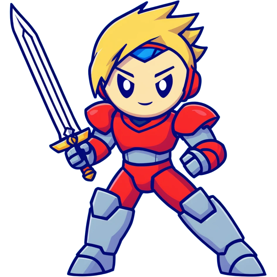 Megaman Zero robot with red armor, blonde hair, and Z-saber sword emoji