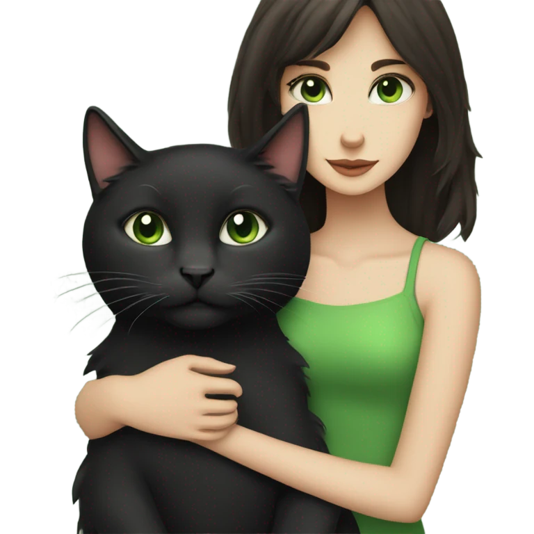 Girl with dark brown hair and fair skin hugging a black medium haired cat with green eyes emoji