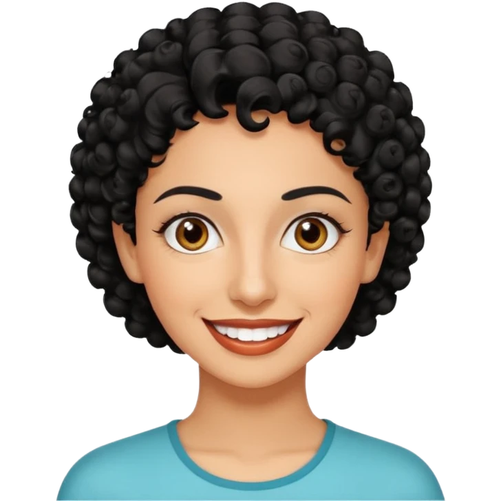30 year old iranian woman very short curly black hair, big brown eyes, tanned skin, big smile, white teeth, pretty, stylish, shorter hair, boy cut hair emoji