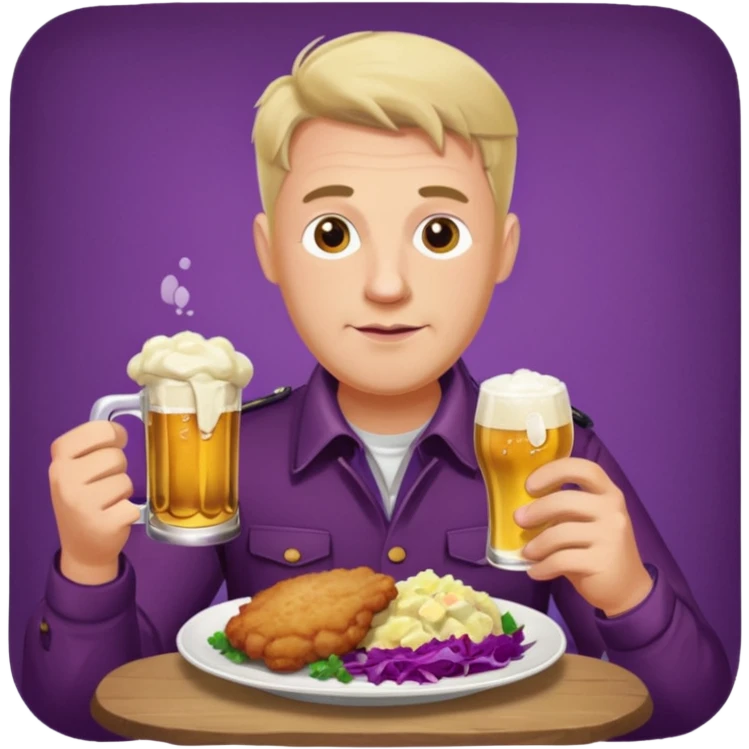 German man eating schnitzel, potato salad, red cabbage, sauerkraut, and beer emoji