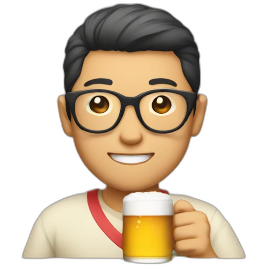 Japanese wearing roundglasses alohashirt is holding beer emoji