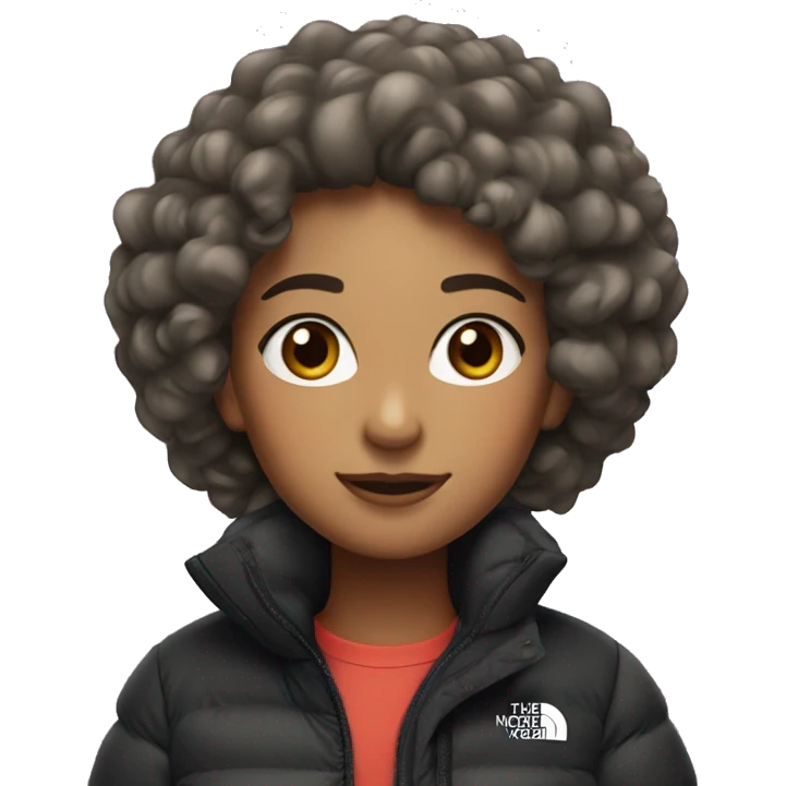 a girl with curly hair in a north face puffer w emoji