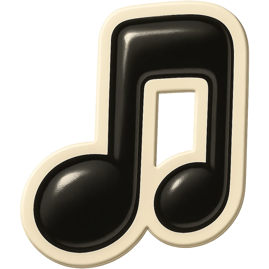 black and white music note with bold outlines, retro sticker style, no color emoji