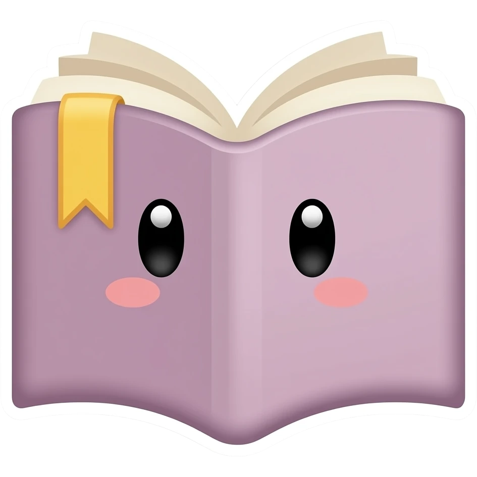 Книга - плоский Стикер-дизайн, мультяшная иллюстрация, пастельные цвета, округлые формы, без глаз и ртов, толстый мягкий контур emoji