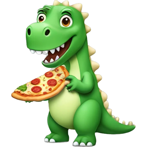 Green dinosaur eating a pizza whilst wearing pyjamas and fluffy white slippers emoji