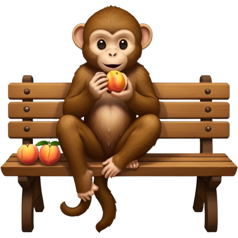 monkey(full body) sitting on a bench and eating peach and chocolate emoji