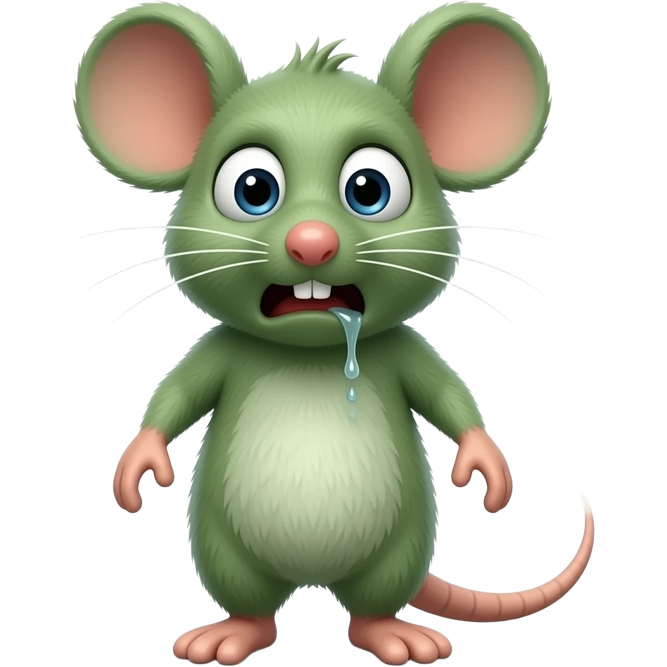 A little green mouse standing upright, with arms and legs that look like those of a little person, staring at us with repulsive face on its face. He's going to throw up .The mouse’s body is entirely green. emoji