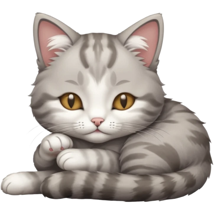 grey and white small cat with its eyes closed lying down leaning on his elbow with his paw curled under his head holding it up emoji