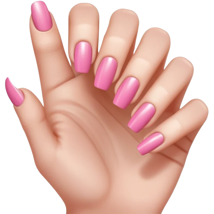  pink close-up of a hand with beautifully manicured nails, glossy pink nail polish, elegant nail shape, soft lighting and shadows, realistic style, emoji