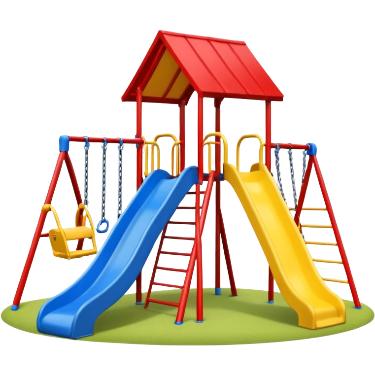 Remove the red tree in the background. Lower the blue swing so it is not too high. Keep the emoji style playground with one yellow slide and a red roof, no background. emoji
