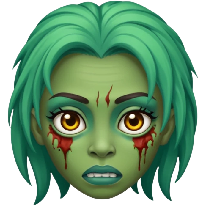 Faça um zumbi feminino, com cabelo loiro e olho azul, com algumas feridas abertas no rosto, cabelo longo, e pele verde, um rosto sem expressão emoji