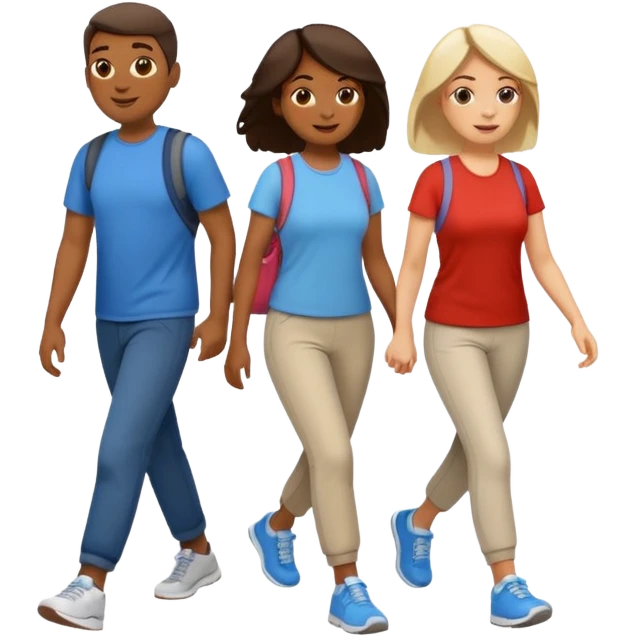 iOS emoji style - a men and 2 women in casual clothes and wearing trainers - friends walking quickly together

 emoji