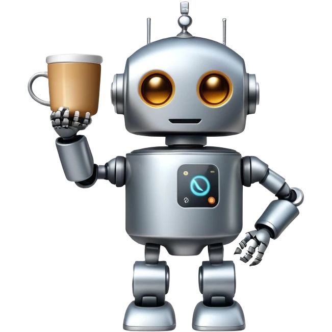 A cute robot holding a steaming coffee mug emoji