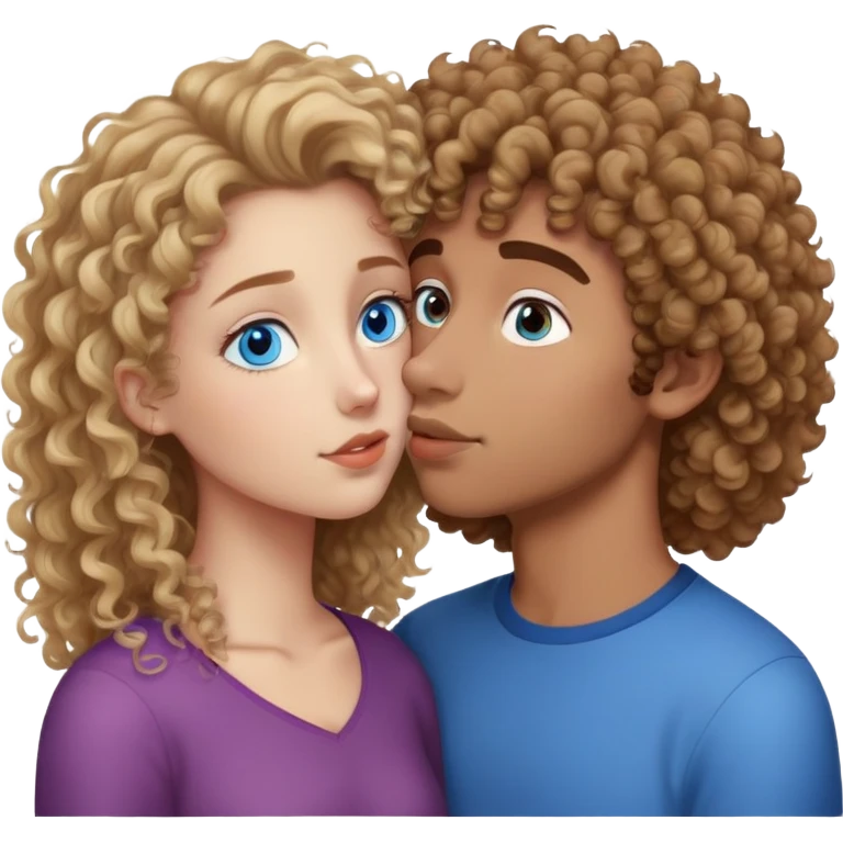 A blond curly girl with blue eyes kissing a a brown-haired, with frizzy hair, mixed-race man with brown eyes. They are teenagers (17 years old) and they love eachother so much  emoji