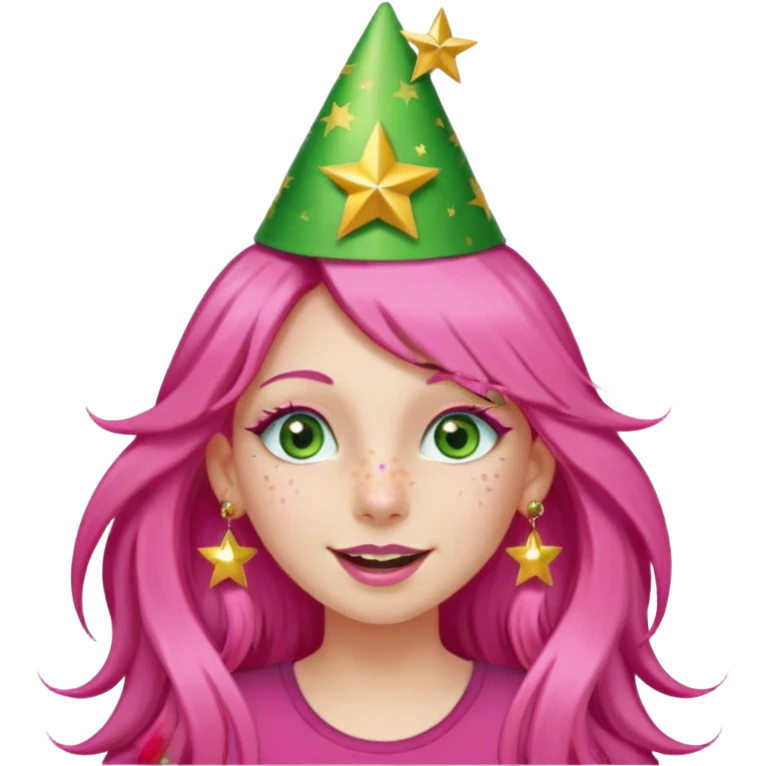 A girl with long pink hair and green eyes with long eyelashes and a happy face. She has freckles and a lit of bit of pink lipstick on her mouth, she’s also got a full gold birthday party hat on her head with gold pom poms on top of it, and her T-shirt is all red, she wore gold star earrings  emoji