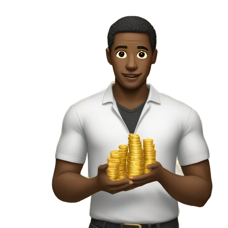 black man holding a lot of bitcoins  emoji