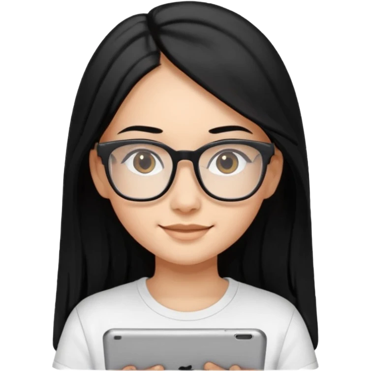 Long black hair girl in a white T-shirt and black square glasses slightly smiling studying with an Ipad. emoji
