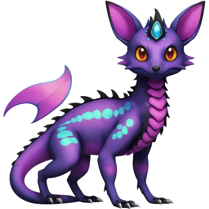 Rare epic aesthetic iridescent spooky gloomy colorful Salandit-Noibat-Eevee-Genet-species-Fakemon-hybrid-creature, with markings, full body emoji