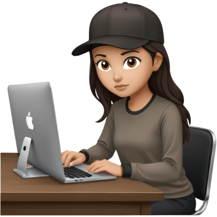 A professional 3D avatar of a young woman with olive skin and long, dark brown hair, wearing a dark, long-sleeved dark taupe shirt and a black baseball cap. She's sitting at a sleek wooden desk, typing on a silver MacBook. emoji