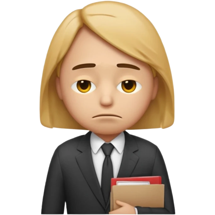 emoji character wearing a suit. face has a very sad, disappointed expression with drooping eyebrows and half-closed eyes. posture is dejected, with slumped shoulders just rejected from his interview to get a job, holding cv emoji