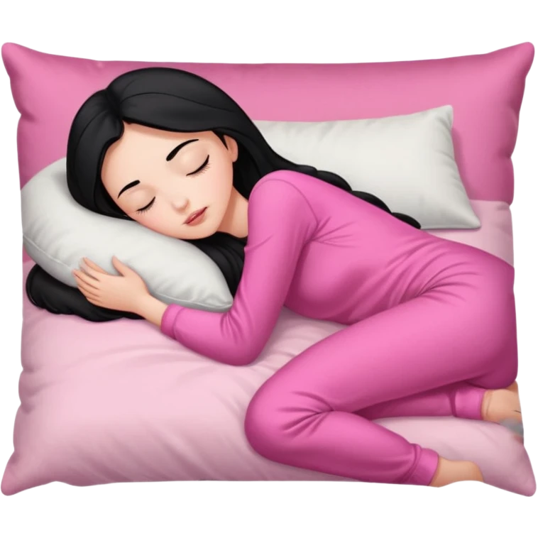 Sleeping on the pillow in bed, beauty hot and pretty Pale girl with medium high black hair wearing sexy pink sleepwears emoji