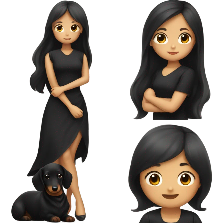 an Asian girl with long hair, wear black dress, hugging long haired dachshund emoji