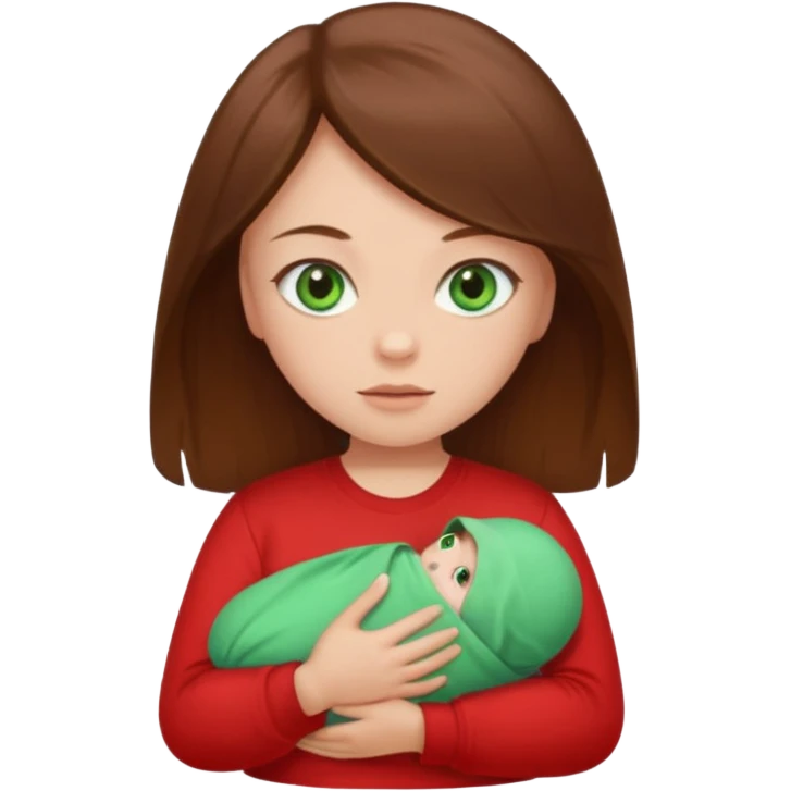 a girl with brown strait hair and has baby green eyes has a red t-shirt no baby emoji