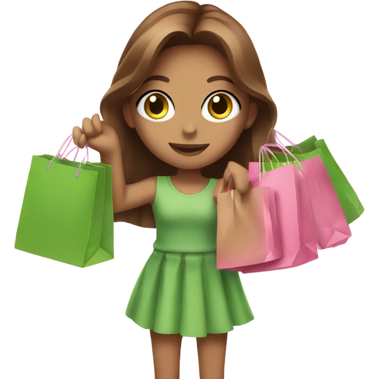 Long brown haired green eyed girl holding pink shopping bags emoji