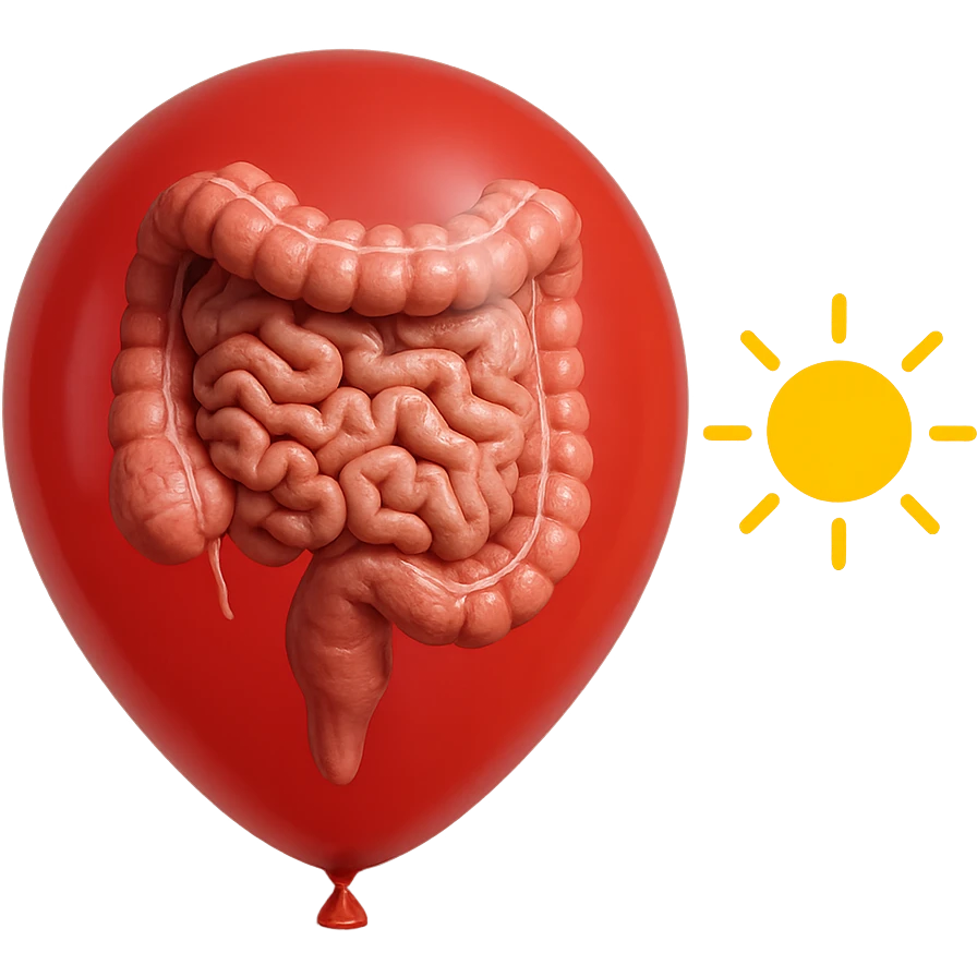 intestino umano anatomico chiuso in un palloncino rosso che simboleggia gonfiore, accanto un simbolo di sole che simboleggia "gonfiori di mattina", iperrealistico 4k emoji