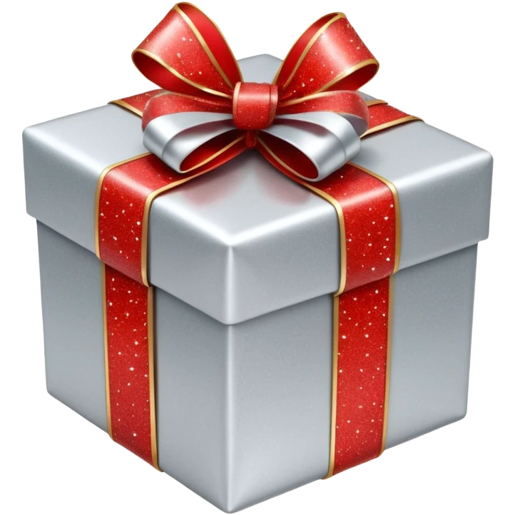 Hyperrealism  wrapped christmas gift, with realistic detailed silver and red glitter 3D ribbon  emoji