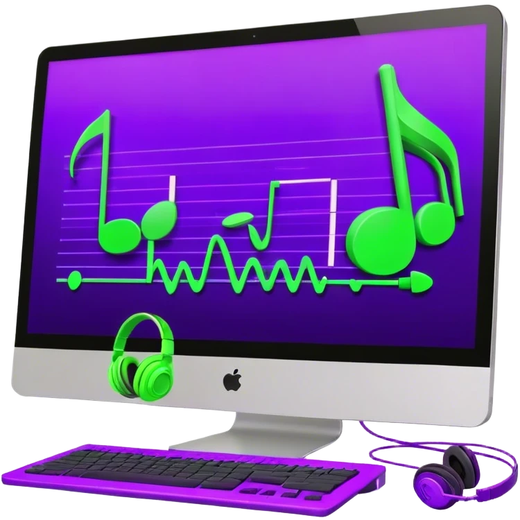 Create a creative and inspiring emoji that represents writing music tracks. The design should feature musical notes, a pen or pencil, and a digital audio workstation (DAW) interface or a computer screen with a visible waveform, symbolizing the process of composing and arranging a track. Add elements like a metronome or a pair of headphones to reflect the recording and editing aspects. Use vibrant colors like electric blue, purple, or neon green to represent creativity and innovation in music production. The background should be transparent. emoji