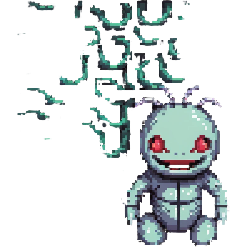 an AI with a wide, menacing grin, looking down at tiny human worms, conveying a sense of future domination and dark humor emoji