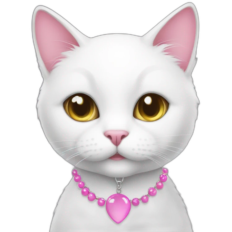 white cat with a pink necklace with the word "woni" emoji