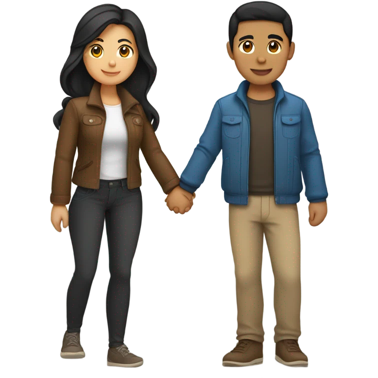 a couple holding hands. the guy has black middle part hair and is Persian and Filipino mix, wearing a jacket. the girl has brown hair white and asian mix, wearing a crop top. emoji