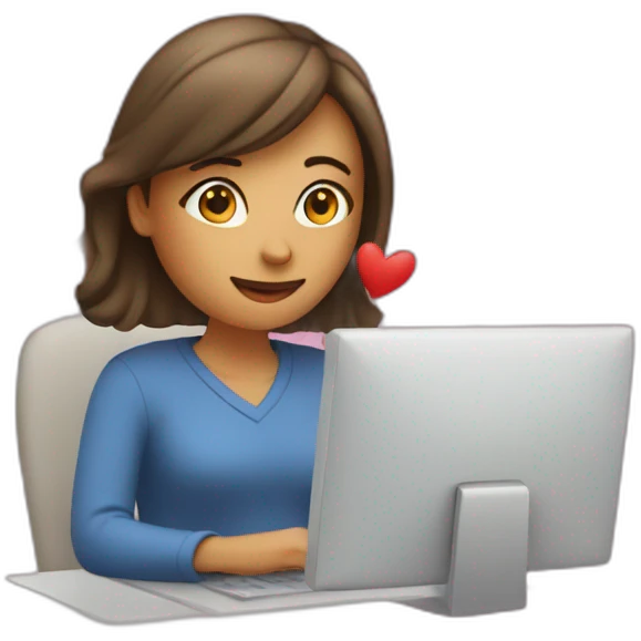 Woman at computer with hearts emoji