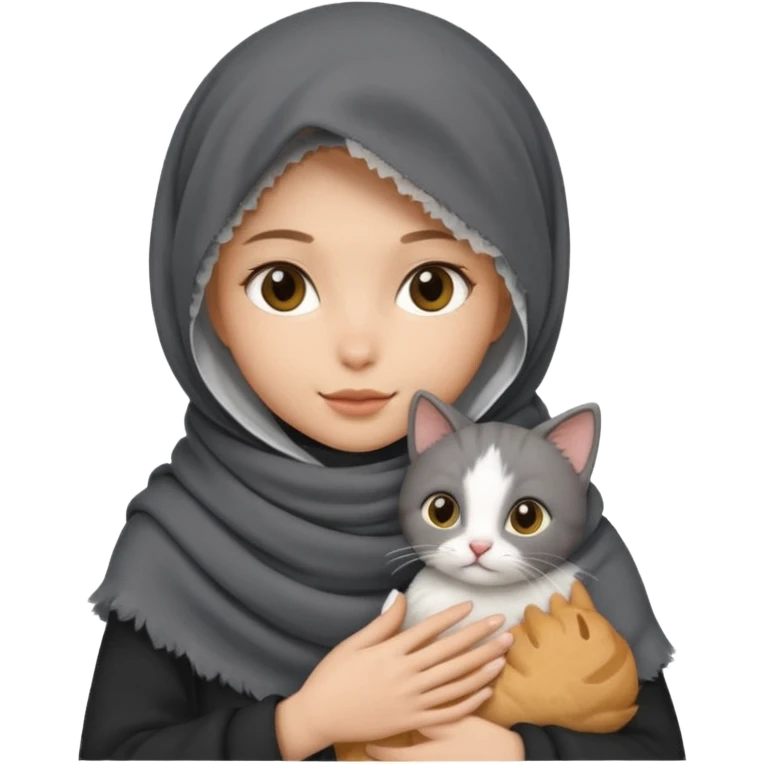 veiled girl wearing a dark gray scarf holding a cat emoji