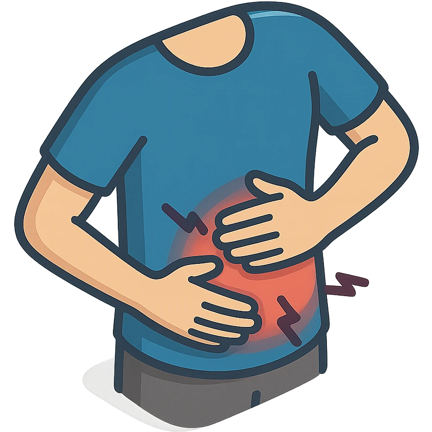 close-up of a person's stomach with one hand clutching the side and the other hand on top, indicating pain, only the stomach and hands, no face, 2D isometric illustration style emoji