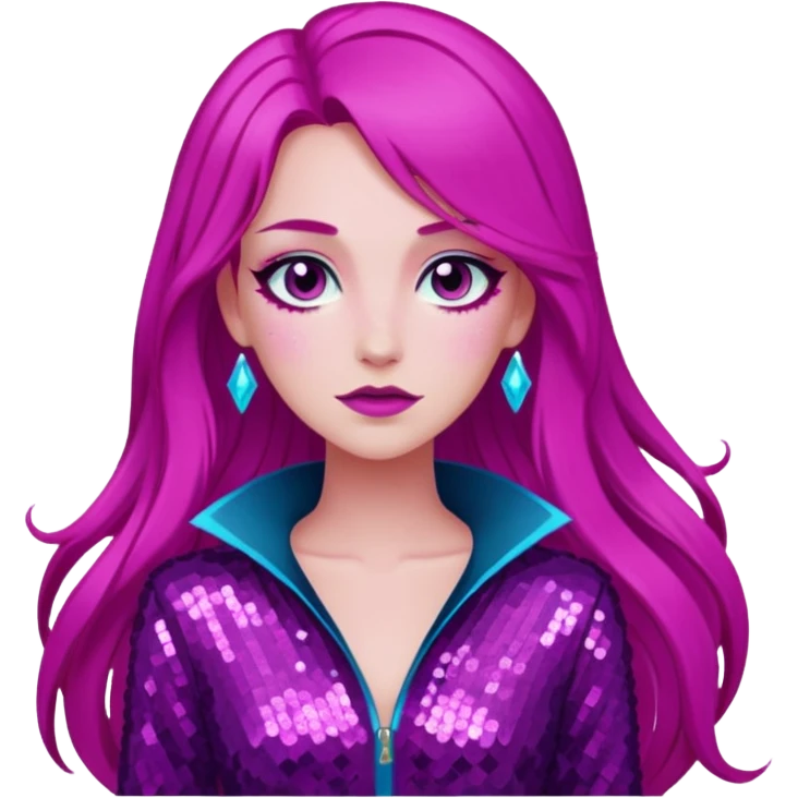 Persephone from Lore Olympus with long magenta hair, magenta sequin outfit emoji