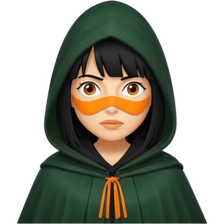 traitor tv show, person wearing dark green cloak with hood up who looks like claudia winkleman orange skin tone and thick black fringe no orange on the cloak  emoji