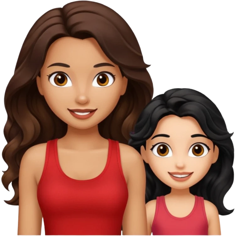 generate a pretty tan bratz girl with brown wavy hair long wearing a red tank top talking to a girl with black hair emoji