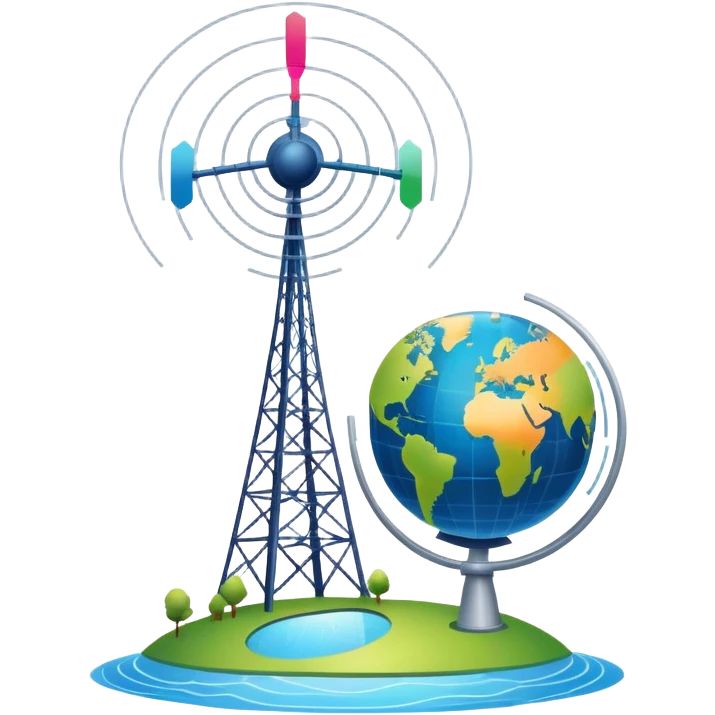 An icon featuring a satellite dish, cell tower with signal waves, and a globe connected by lines, symbolizing telecommunications. The design includes data signals, network nodes, and a mobile device, representing global digital communication. Transparent background emoji