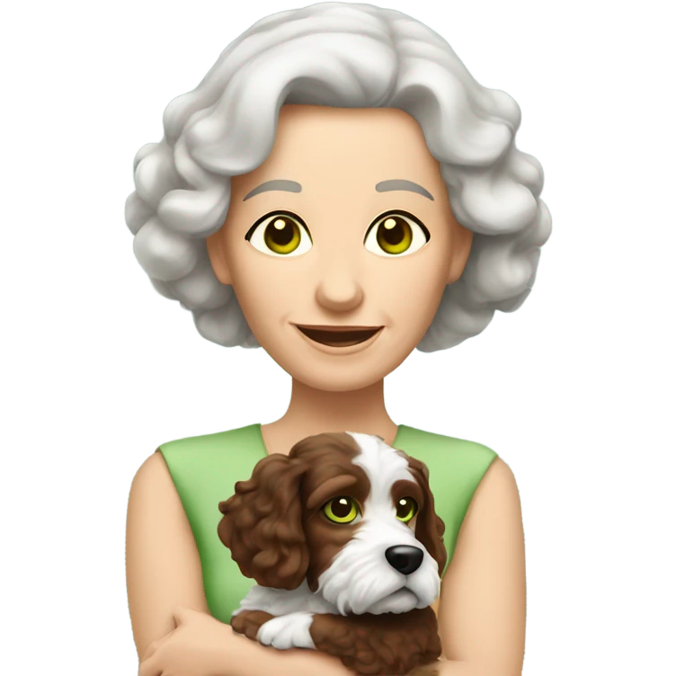 Green eyed old brunette lady with brown and white Cockapoo puppy dog emoji